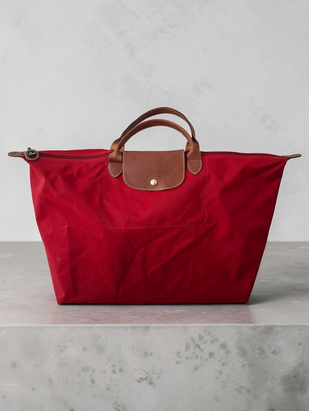 Longchamp Le Pliage Large Red Shoulder Nylon & Brown Leather Trim - Made France